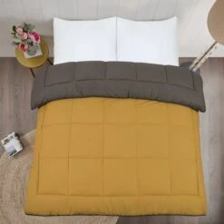 13.5 Tog Box Stitching Reversible Coverless Polycotton Duvet – Mustard & Grey(13 5 Tog Box Stitching Reversible Coverless Polycotton Duvet Mustard Grey) -Bedding Discount Store 14