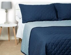 Quilted Bedspread Throw (Set 5 Pcs)Cotton Rich Reversible - Navy And Sky Blue(Quilted Bedspread Throw Set 5 Pcs Cotton Rich Reversible Navy And Sky Blue)