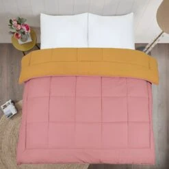 13.5 Tog Box Stitching Reversible Coverless Polycotton Duvet – Mustard & Pink(13 5 Tog Box Stitching Reversible Coverless Polycotton Duvet Mustard Pink) -Bedding Discount Store 94
