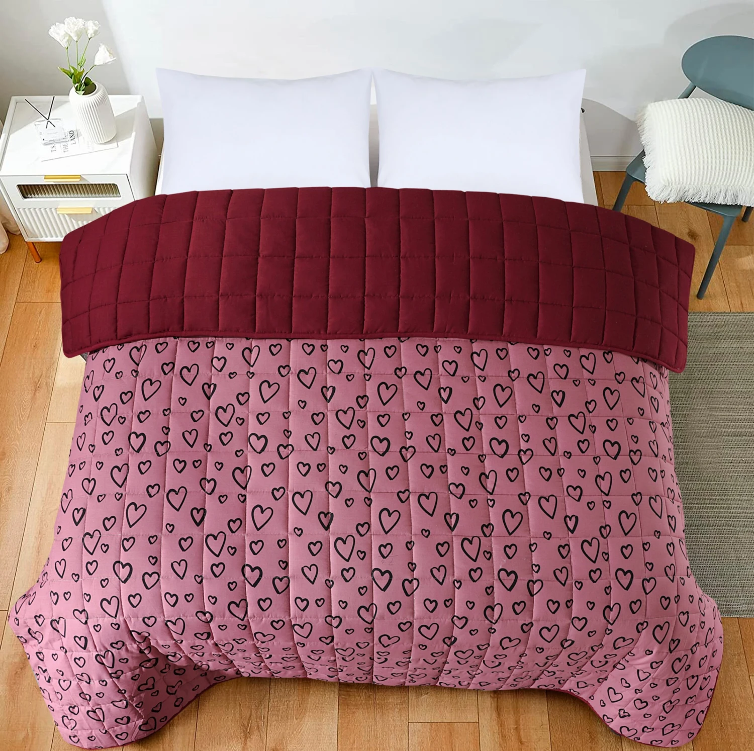 Quilted 4.5 Tog Reversible Coverless Printed Duvet Quilt - Hearts(Quilted 4 5 Tog Reversible Coverless Printed Duvet Quilt Hearts) 6 Quilted 4.5 Tog Reversible Coverless Printed Duvet Quilt - Hearts(Quilted 4 5 Tog Reversible Coverless Printed Duvet Quilt Hearts) - Image 4