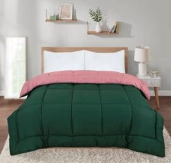 Box Stitching Reversible Coverless Polycotton Duvet – Bottle Green & Dusty Pink(Box Stitching Reversible Coverless Polycotton Duvet Bottle Green Dusty Pink)