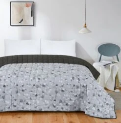Quilted 4.5 Tog Reversible Coverless Printed Duvet Quilt - Grey Leaves(Quilted 4 5 Tog Reversible Coverless Printed Duvet Quilt Grey Leaves)