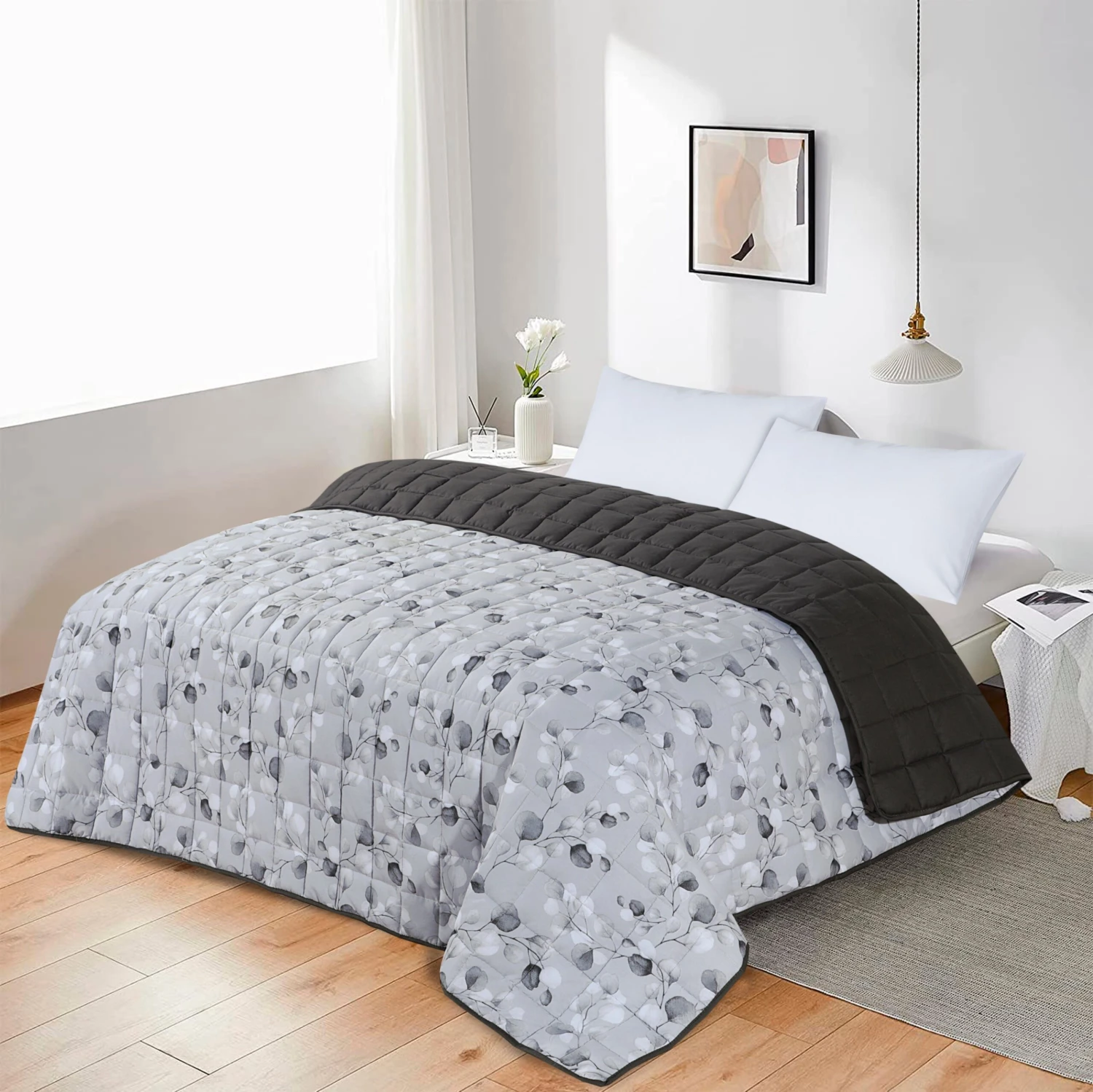 Quilted 4.5 Tog Reversible Coverless Printed Duvet Quilt - Grey Leaves(Quilted 4 5 Tog Reversible Coverless Printed Duvet Quilt Grey Leaves) 4 Quilted 4.5 Tog Reversible Coverless Printed Duvet Quilt - Grey Leaves(Quilted 4 5 Tog Reversible Coverless Printed Duvet Quilt Grey Leaves) - Image 2