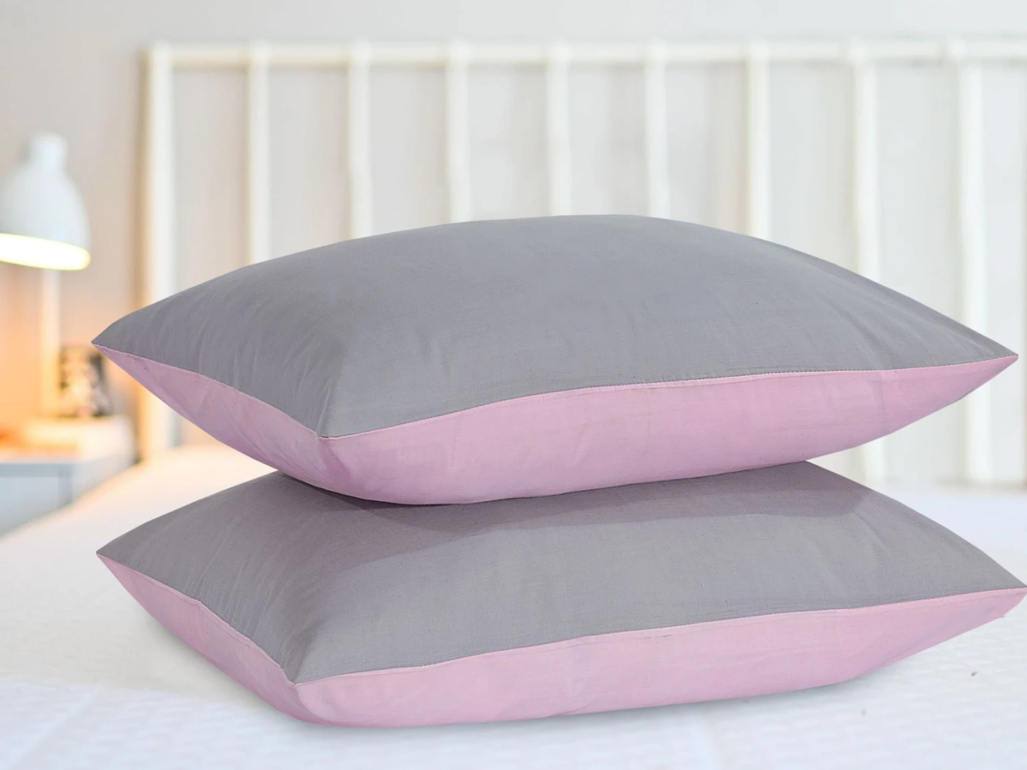 Reversible Poly Cotton Housewife Pillowcases (Pair) - Pink & Grey(Reversible Poly Cotton Housewife Pillowcases Pair Pink Grey) 4 Reversible Poly Cotton Housewife Pillowcases (Pair) - Pink & Grey(Reversible Poly Cotton Housewife Pillowcases Pair Pink Grey) - Image 2