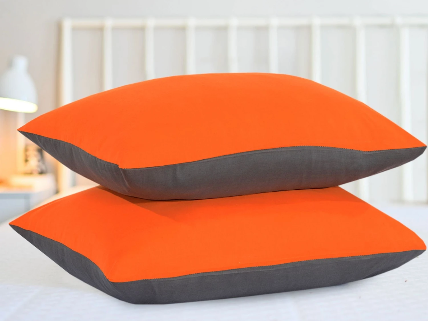 Reversible Poly Cotton Housewife Pillowcases (Pair) - Orange & Grey(Reversible Poly Cotton Housewife Pillowcases Pair Orange Grey) 5 Reversible Poly Cotton Housewife Pillowcases (Pair) - Orange & Grey(Reversible Poly Cotton Housewife Pillowcases Pair Orange Grey) - Image 3