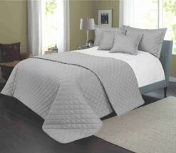 Quilted Bedspread Throw (Set 5 Pcs)Cotton Rich Reversible - Grey(Quilted Bedspread Throw Set 5 Pcs Cotton Rich Reversible Grey)