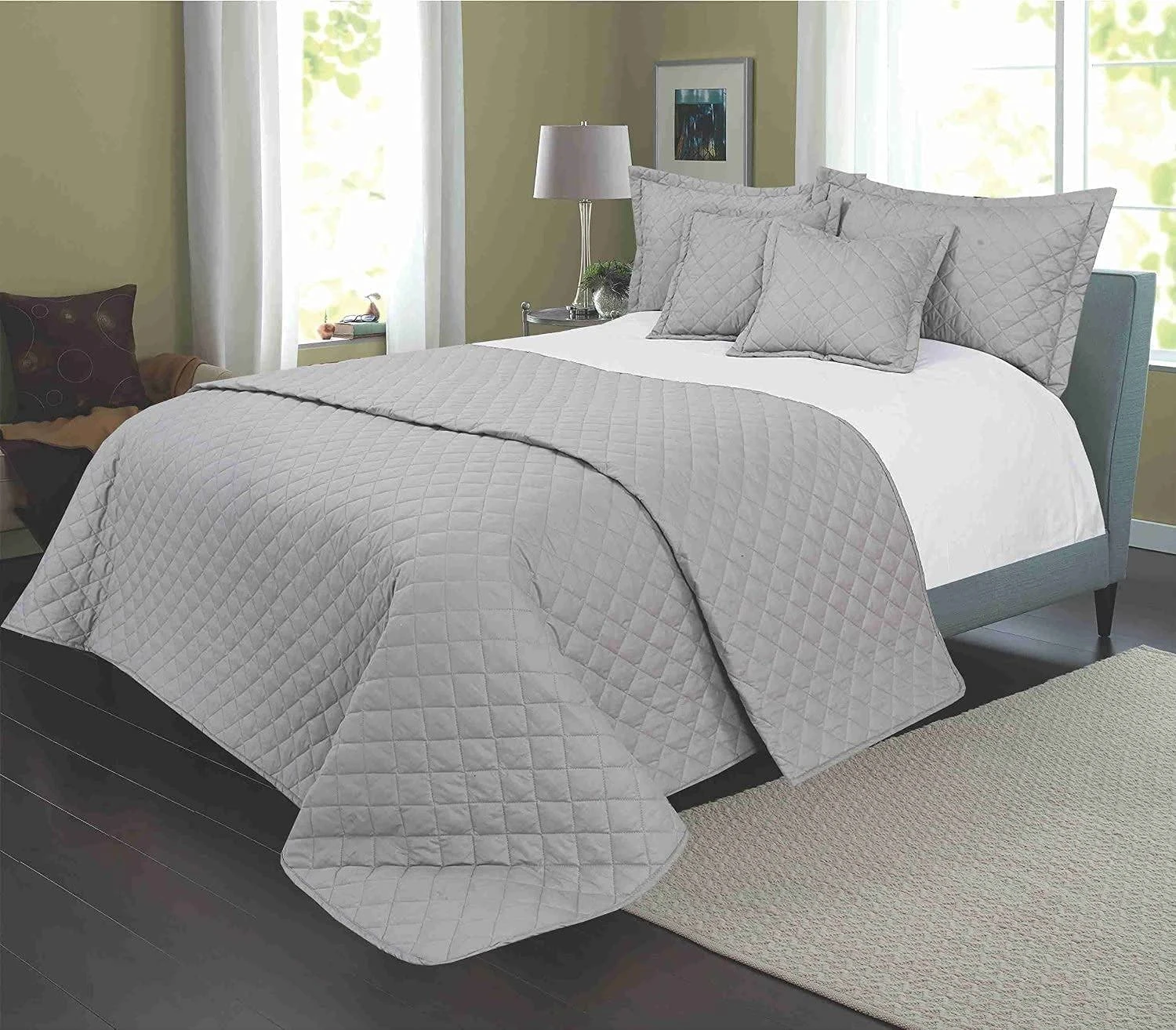 Quilted Bedspread Throw (Set 5 Pcs)Cotton Rich Reversible - Grey(Quilted Bedspread Throw Set 5 Pcs Cotton Rich Reversible Grey) 3 Quilted Bedspread Throw (Set 5 Pcs)Cotton Rich Reversible - Grey(Quilted Bedspread Throw Set 5 Pcs Cotton Rich Reversible Grey)